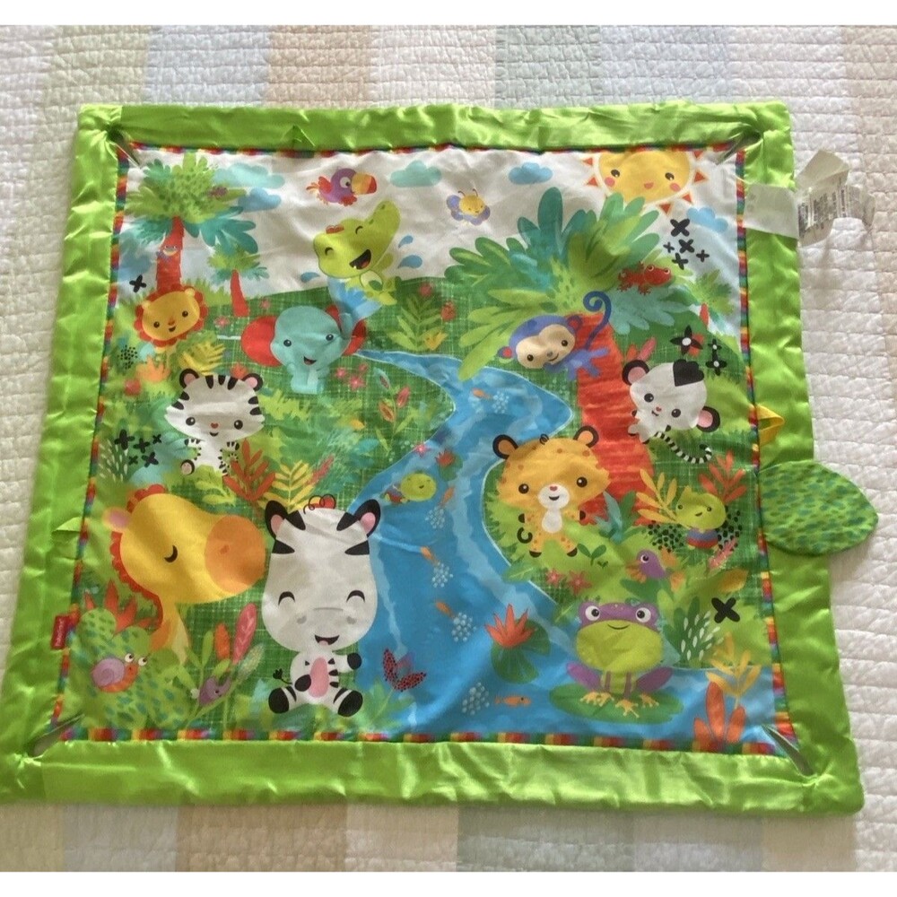 2015 Fisher Price Green Animal Play Blanket  With Satin Trim Padded 32 X 30"